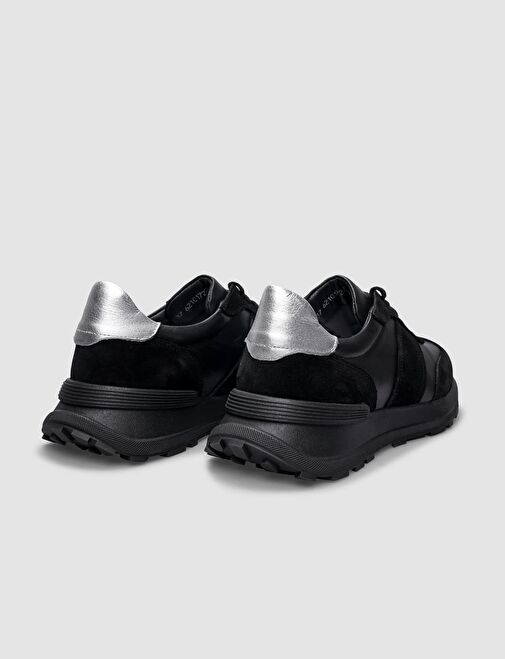 %100 Hakiki Deri Siyah Bağcıklı Kadın Spor Ayakkabı - Görsel 4