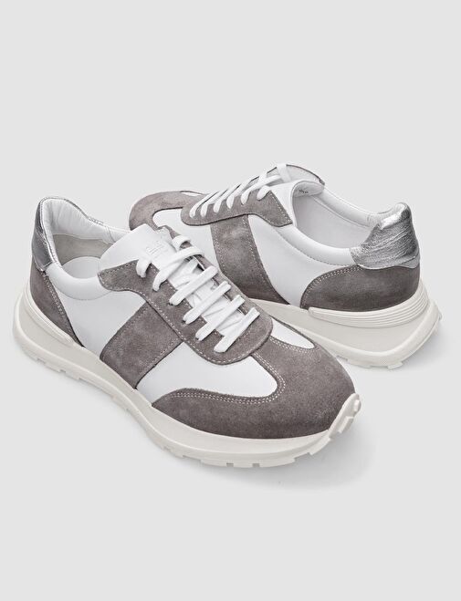 %100 Hakiki Deri Beyaz Bağcıklı Kadın Spor Ayakkabı - Görsel 5