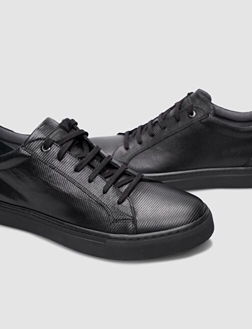 % 100 Hakiki Deri Siyah Bağcıklı Erkek Sneaker - Görsel 5