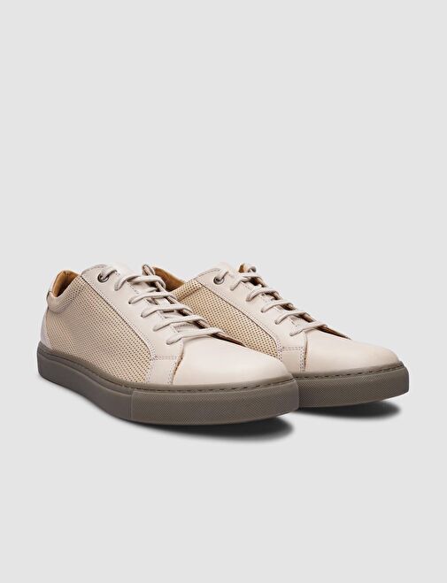 %100 Hakiki Deri Bej Bağcıklı Erkek Sneaker - Görsel 3