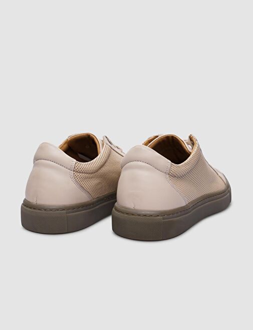%100 Hakiki Deri Bej Bağcıklı Erkek Sneaker - Görsel 4