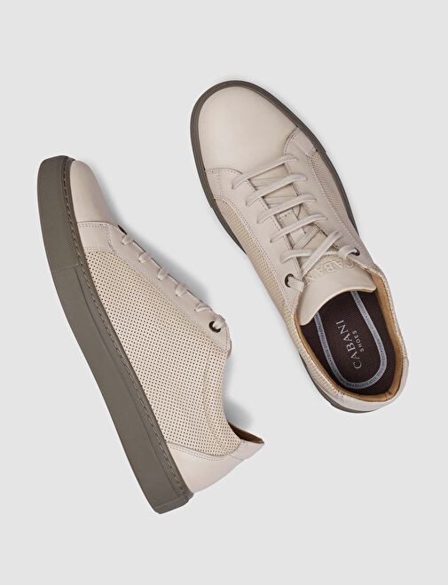 %100 Hakiki Deri Bej Bağcıklı Erkek Sneaker - Görsel 5