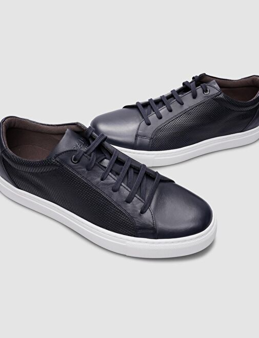 %100 Hakiki Deri Lacivert Bağcıklı Erkek Sneaker - Görsel 5