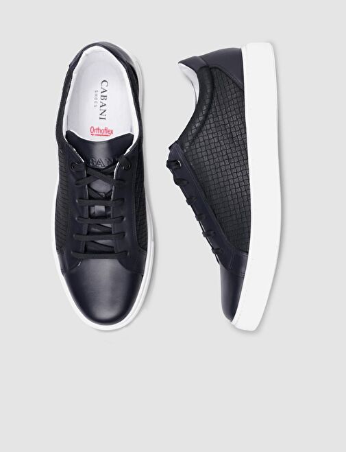 %100 Hakiki Deri Lacivert Kare Desenli Bağcıklı Erkek Sneaker - Görsel 4