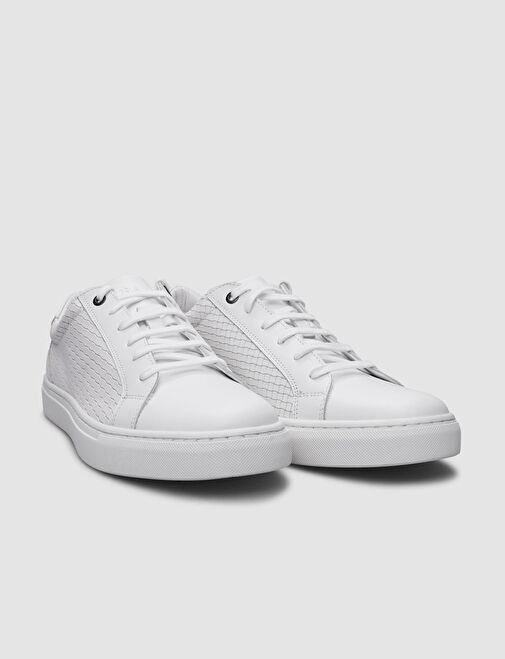 %100 Hakiki Deri Beyaz Kare Desenli Bağcıklı Erkek Sneaker - Görsel 3
