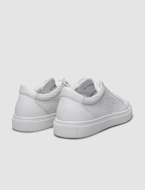 %100 Hakiki Deri Beyaz Kare Desenli Bağcıklı Erkek Sneaker - Görsel 4