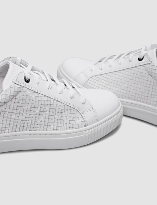 %100 Hakiki Deri Beyaz Kare Desenli Bağcıklı Erkek Sneaker - Görsel 5