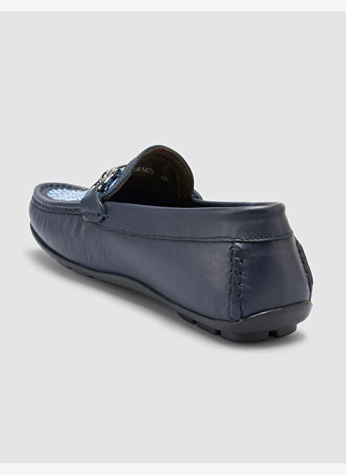 %100 Hakiki Deri Lacivert Örgü Detaylı Erkek Loafer - Görsel 6