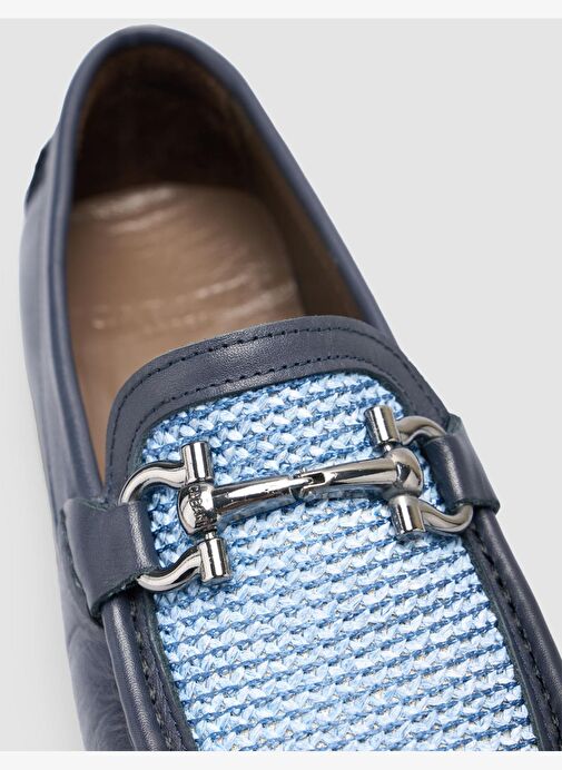 %100 Hakiki Deri Lacivert Örgü Detaylı Erkek Loafer - Görsel 7