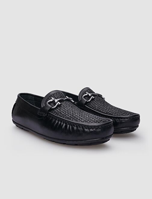 %100 Hakiki Deri Siyah Örgü Detaylı Erkek Loafer - Görsel 3