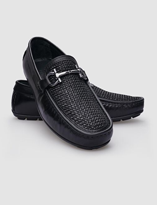 %100 Hakiki Deri Siyah Örgü Detaylı Erkek Loafer - Görsel 5