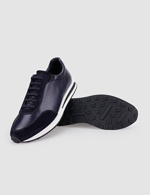 %100 Hakiki Deri Lacivert Bağcıklı Erkek Spor Ayakkabı - Görsel 5