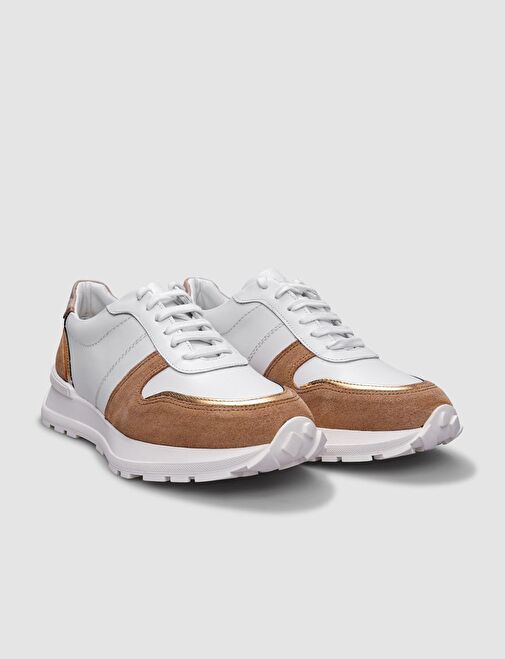 Cabani Ayakkabı Beyaz-Kahverengi Kadın Deri Sneaker 124656S - Görsel 3