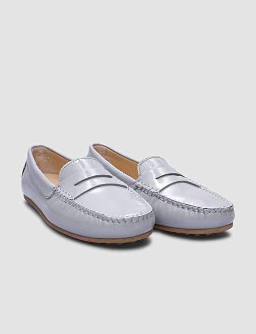 %100 Hakiki Deri Gri Rugan Kadın Loafer - Görsel 3