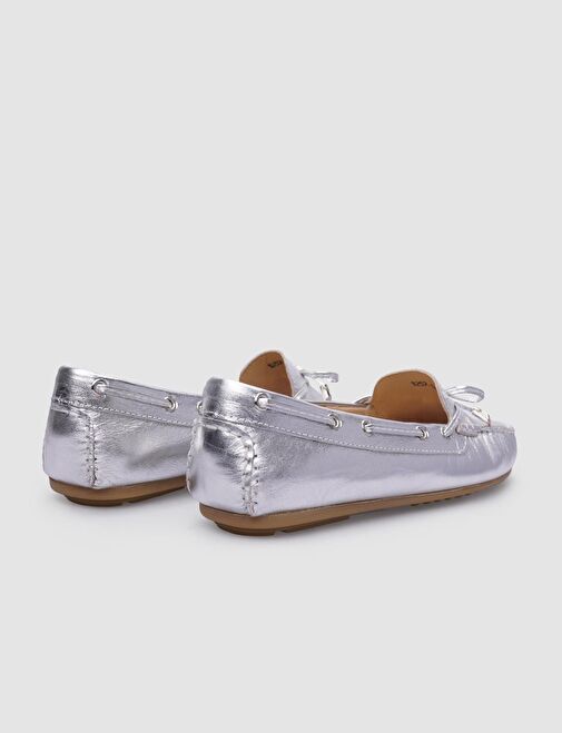 %100 Hakiki Deri Gri Fiyonk Detaylı Kadın Ayakkabı - Görsel 4