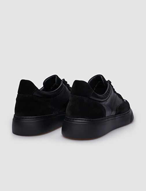 %100 Hakiki Deri Siyah Süet Bağcıklı Erkek Sneaker - Görsel 4