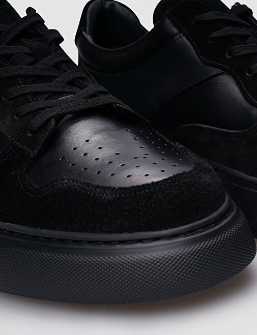 %100 Hakiki Deri Siyah Süet Bağcıklı Erkek Sneaker - Görsel 5