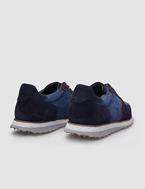 %100 Hakiki Deri Lacivert Süet Bağcıklı Erkek Sneaker - Görsel 4