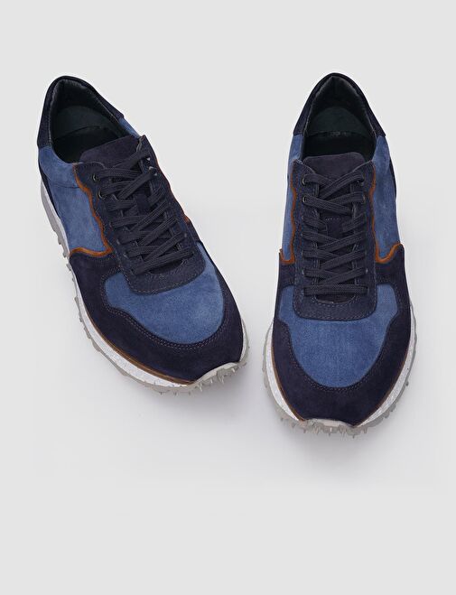 %100 Hakiki Deri Lacivert Süet Bağcıklı Erkek Sneaker - Görsel 5