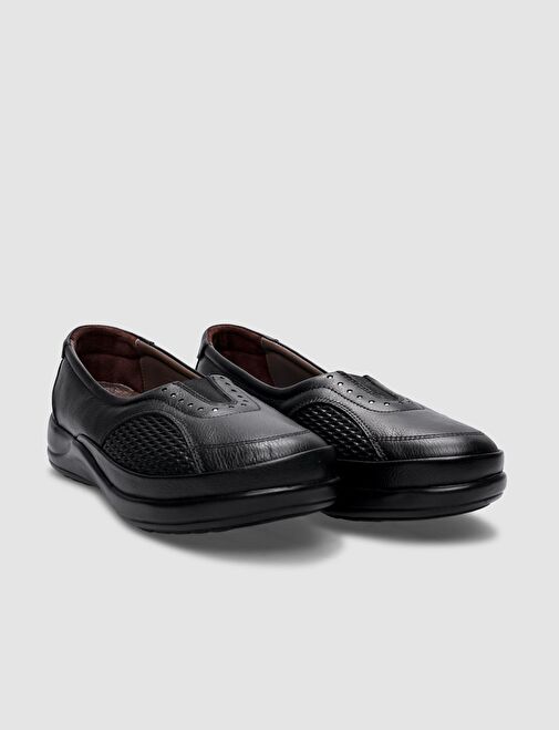 %100 Hakiki Deri Siyah Kadın Comfort Ayakkabı - Görsel 3