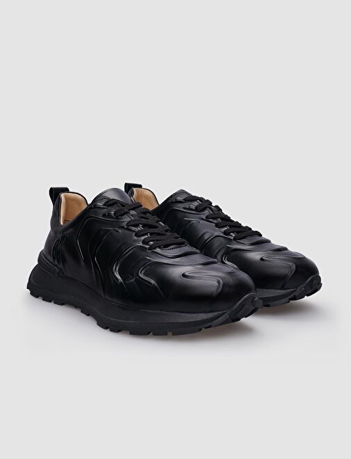 %100 Hakiki Deri Siyah Bağcıklı Kabartma Desenli Kadın Sneaker - Görsel 3