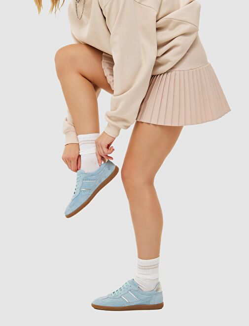 %100 Hakiki Deri Mavi Süet Bağcıklı Kadın Sneaker - Görsel 6