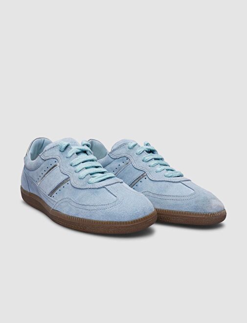 %100 Hakiki Deri Mavi Süet Bağcıklı Kadın Sneaker - Görsel 3