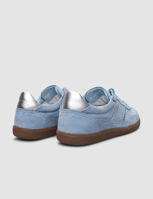 %100 Hakiki Deri Mavi Süet Bağcıklı Kadın Sneaker - Görsel 5