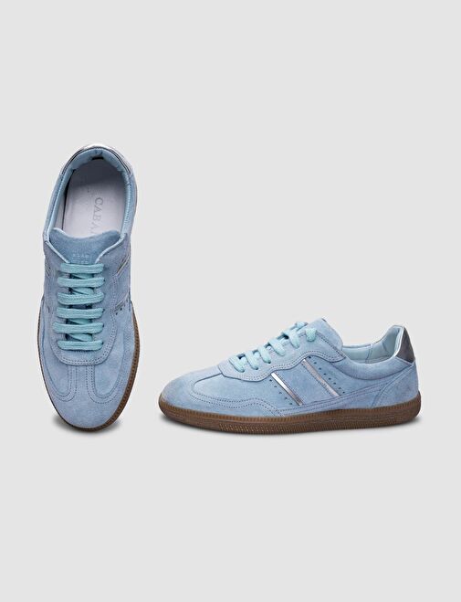 %100 Hakiki Deri Mavi Süet Bağcıklı Kadın Sneaker - Görsel 4