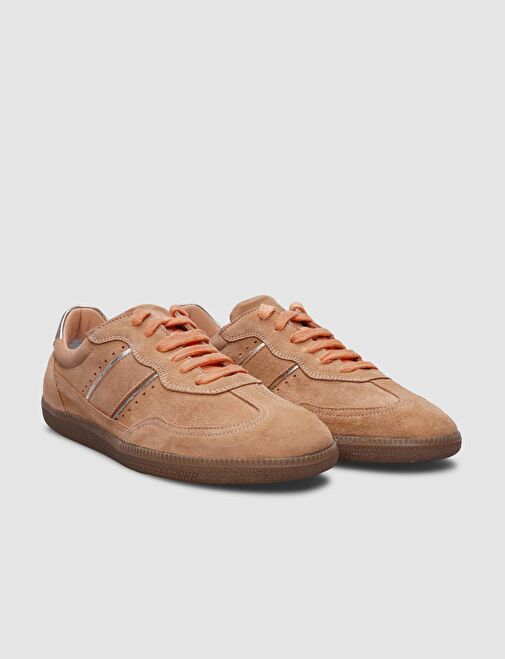 %100 Hakiki Deri Açık Turuncu Süet Bağcıklı Kadın Sneaker - Görsel 3