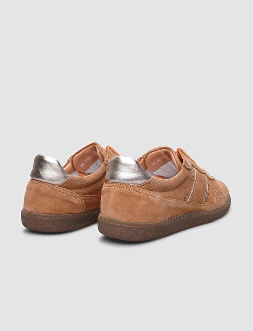 %100 Hakiki Deri Açık Turuncu Süet Bağcıklı Kadın Sneaker - Görsel 4