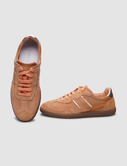 %100 Hakiki Deri Açık Turuncu Süet Bağcıklı Kadın Sneaker - Görsel 5