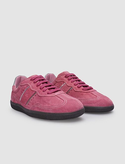 %100 Hakiki Deri Pembe Süet Bağcıklı Kadın Sneaker - Görsel 3