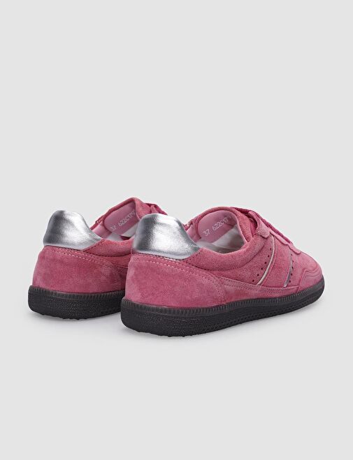 %100 Hakiki Deri Pembe Süet Bağcıklı Kadın Sneaker - Görsel 4