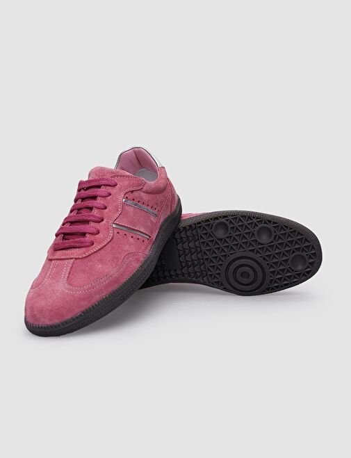 %100 Hakiki Deri Pembe Süet Bağcıklı Kadın Sneaker - Görsel 5