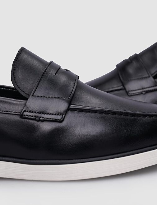 %100 Hakiki Deri Siyah Erkek Günlük Ayakkabı - Görsel 5