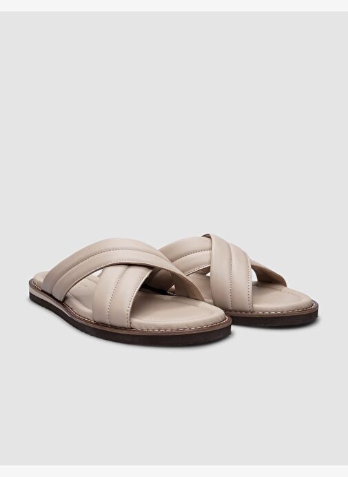 %100 Hakiki Deri Bej Çapraz Bantlı Erkek Terlik - Görsel 3