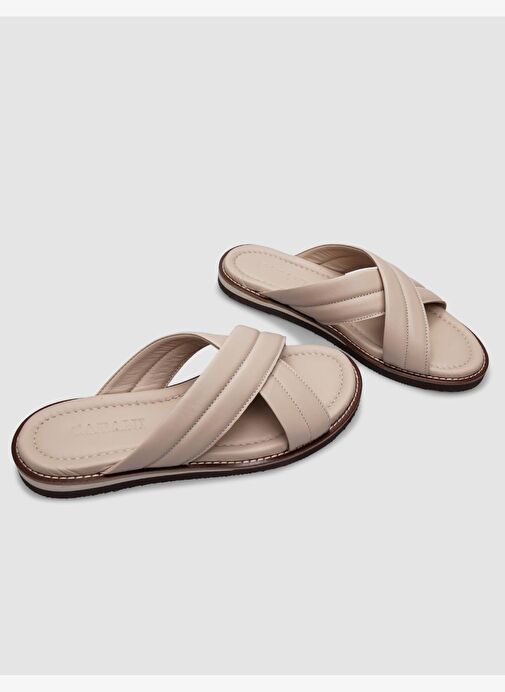 %100 Hakiki Deri Bej Çapraz Bantlı Erkek Terlik - Görsel 5