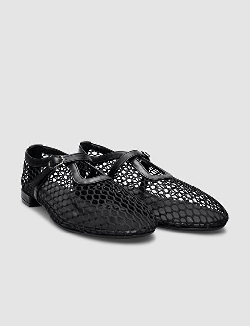 %100 Hakiki Deri Siyah Fileli Toka Detaylı Kadın Babet - Görsel 3