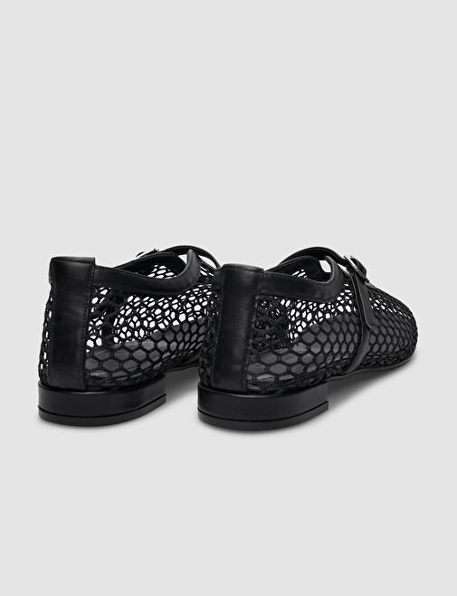 %100 Hakiki Deri Siyah Fileli Toka Detaylı Kadın Babet - Görsel 4