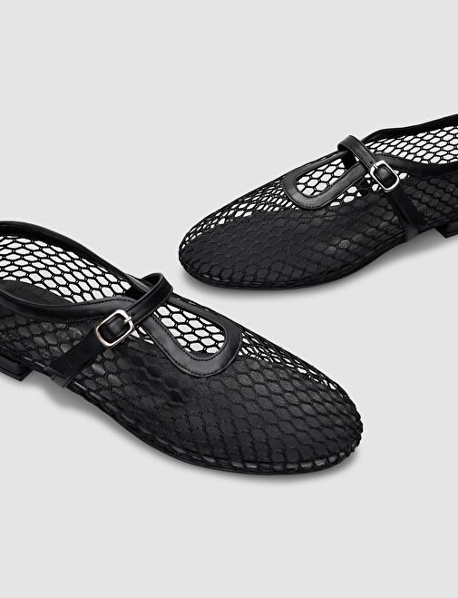 %100 Hakiki Deri Siyah Fileli Toka Detaylı Kadın Babet - Görsel 5