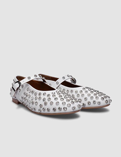 %100 Hakiki Deri Beyaz Taşlı Kadın Babet - Görsel 3