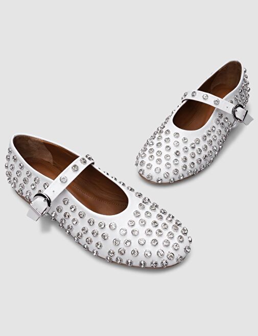 %100 Hakiki Deri Beyaz Taşlı Kadın Babet - Görsel 5