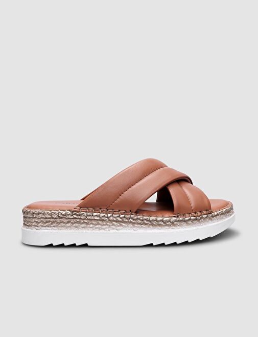 %100 Hakiki Deri Taba Çapraz Bantlı Kadın Terlik - Görsel 2