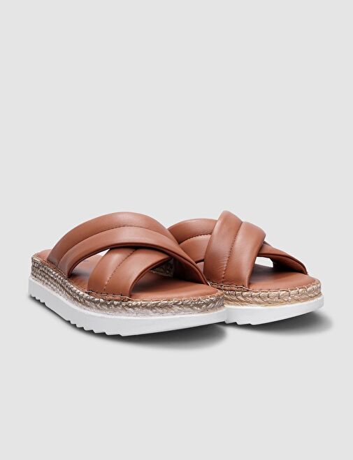 %100 Hakiki Deri Taba Çapraz Bantlı Kadın Terlik - Görsel 3