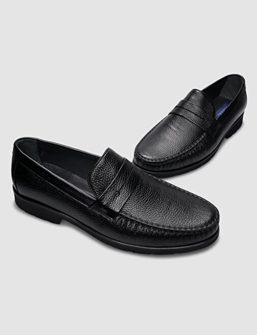 %100 Hakiki Deri Siyah Bağcıksız Erkek Günlük Ayakkabı - Görsel 5