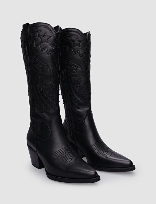 %100 Hakiki Deri Siyah Fermuarlı Kadın Kovboy Çizme - Görsel 3