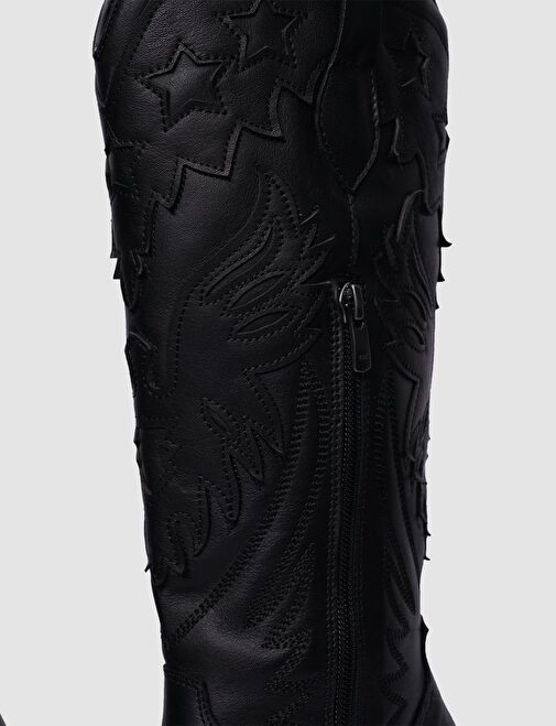 %100 Hakiki Deri Siyah Fermuarlı Kadın Kovboy Çizme - Görsel 4