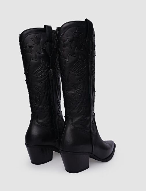 %100 Hakiki Deri Siyah Fermuarlı Kadın Kovboy Çizme - Görsel 5
