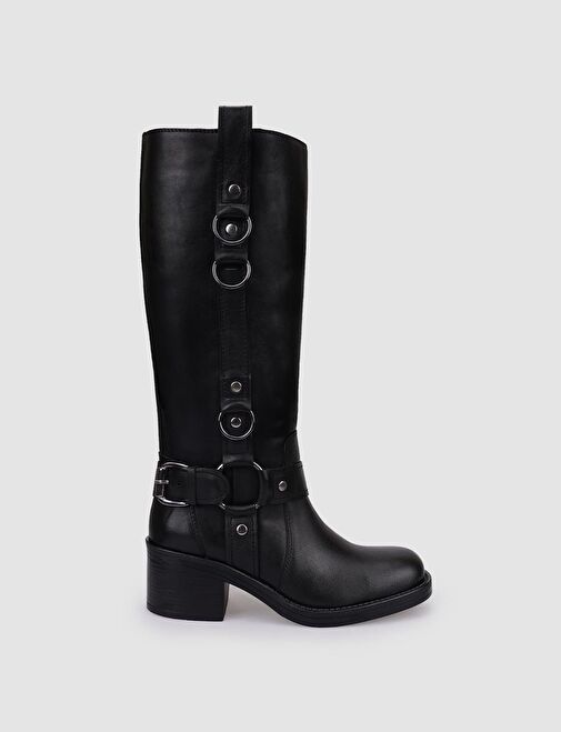 %100 Hakiki Deri Siyah Toka Detaylı Kadın Çizme - Görsel 2